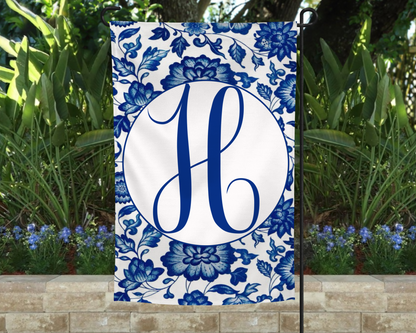 Blue Floral Monogram Garden Flag