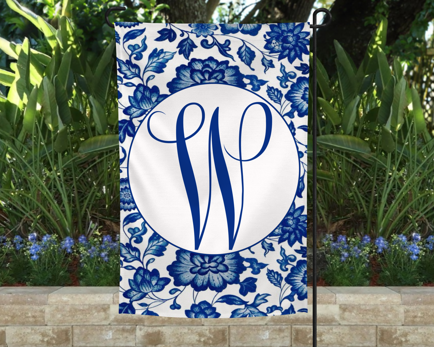 Blue Floral Monogram Garden Flag