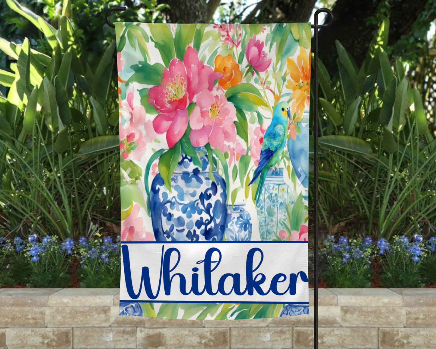 Floral Chinoiserie Garden Flag with Name