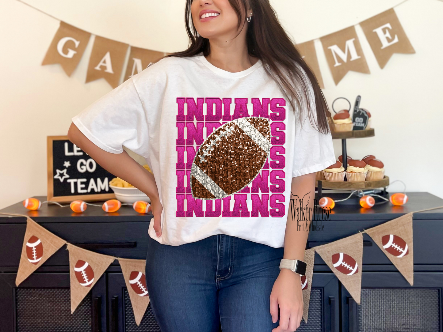 Faux Glitter Indians Football Tee (Pink)