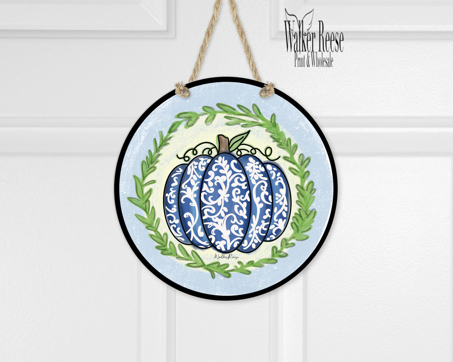 Blue Toile Pumpkin Door Hanger