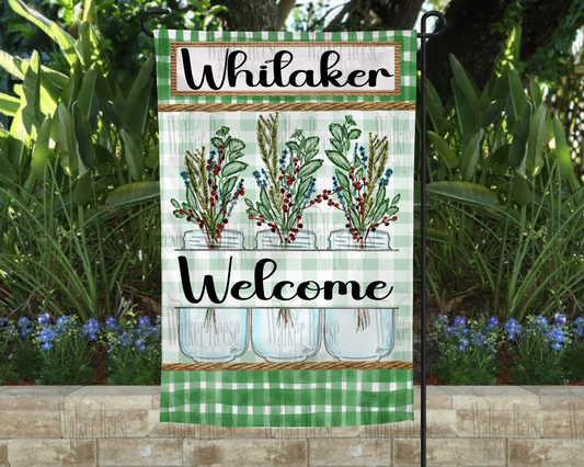 Floral Mason Jar WELCOME Garden Flag with Name