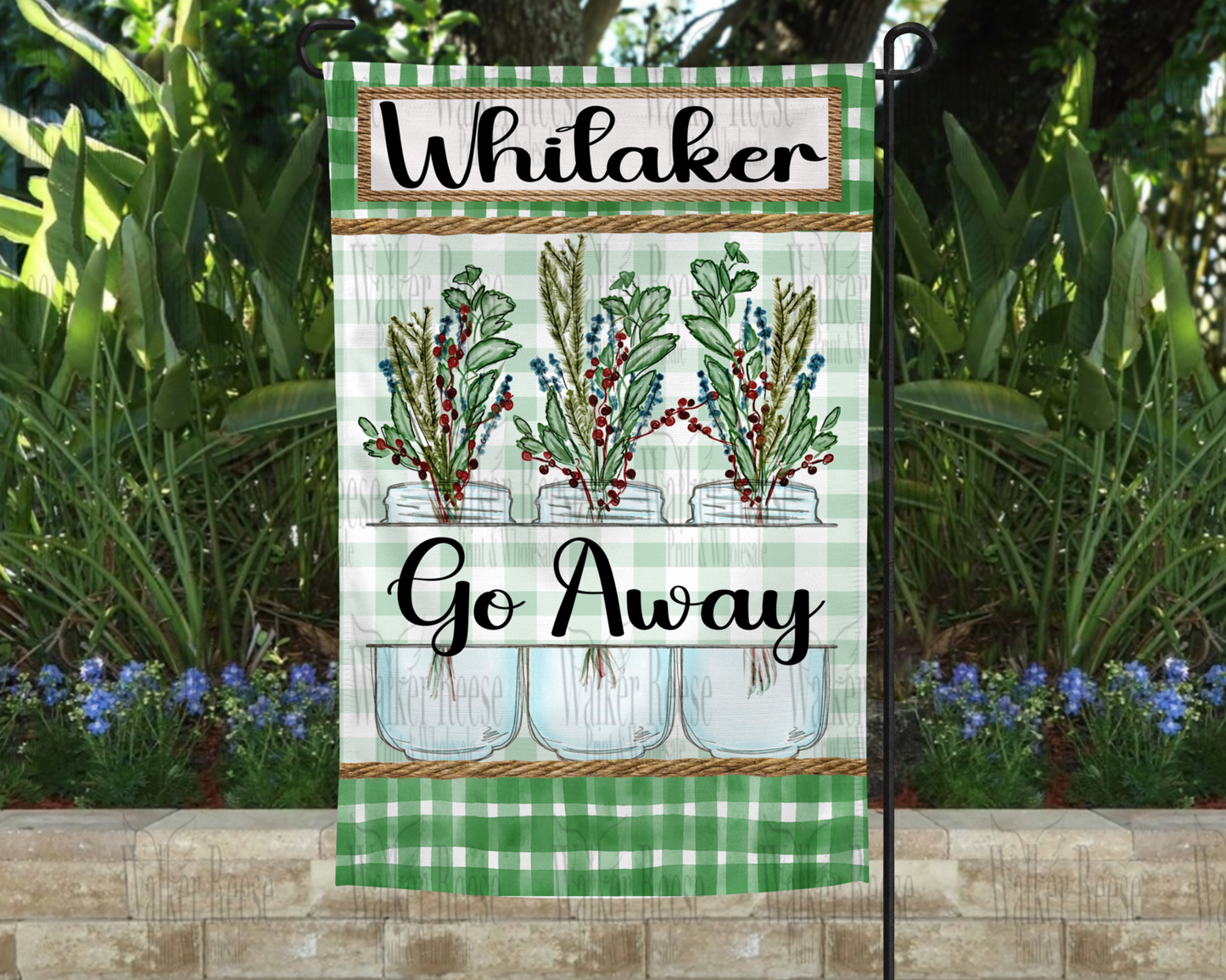 Floral Mason Jar GO AWAY Garden Flag with Name