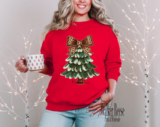 Leopard Bow Christmas Tree Tee