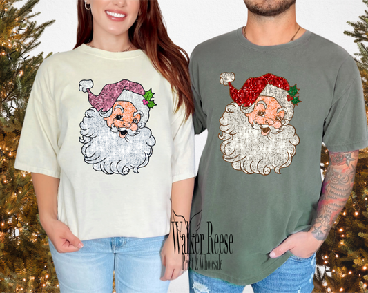 Pink Vintage Faux Glitter Santa Tee