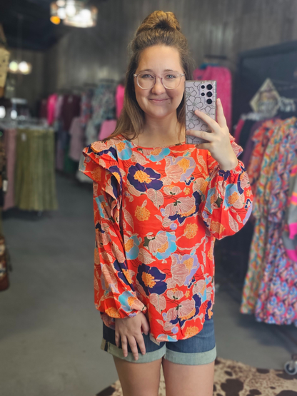 Red Floral Ruffle Blouse