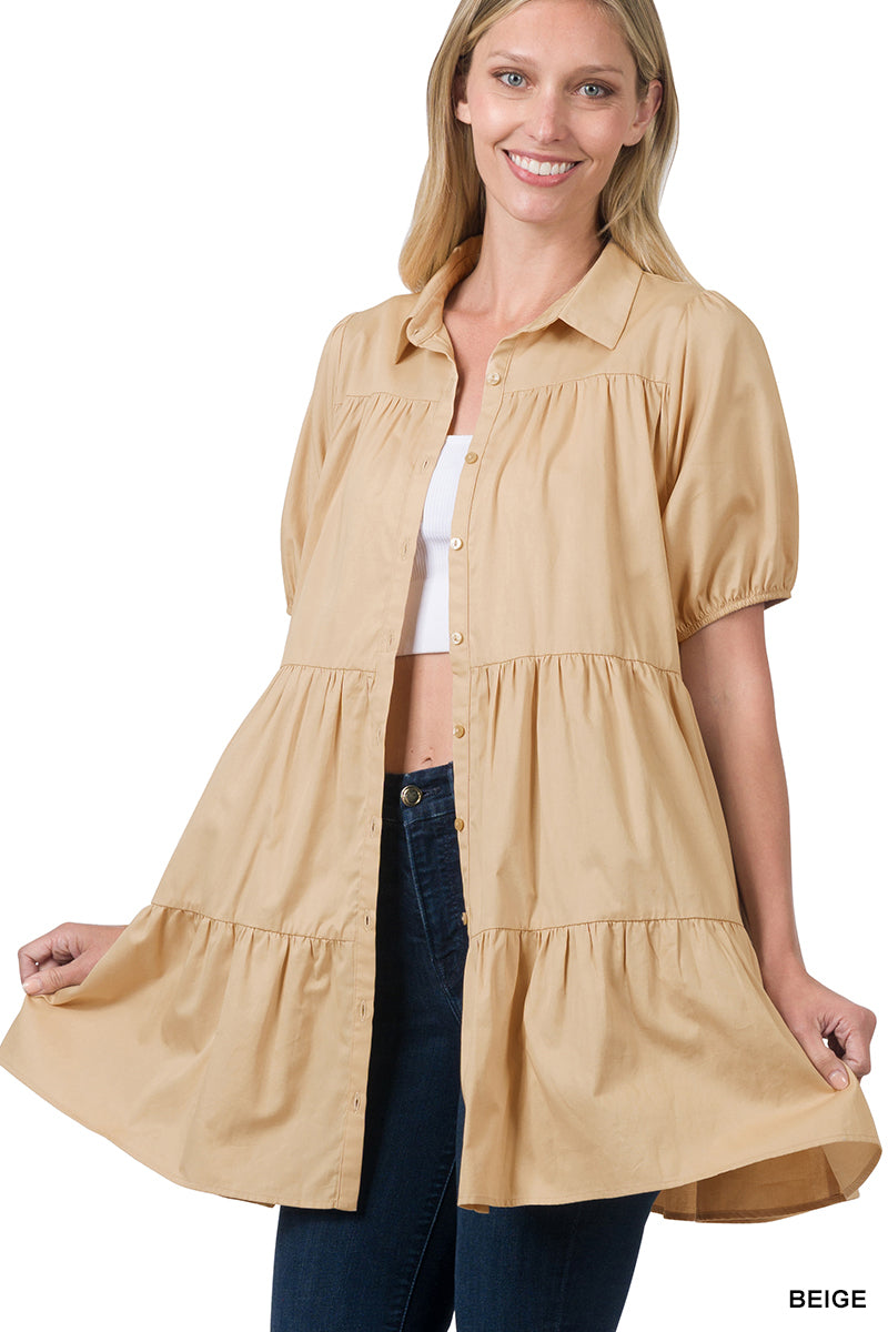 Woven Puff Sleeve Ruffle Hem Shirt