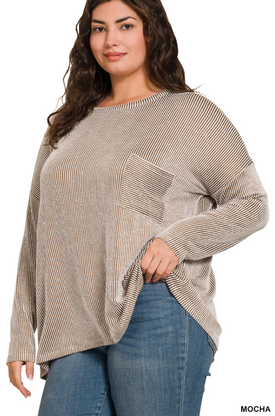 Ribbed Striped Oversized Long Sleeve Top | Mocha