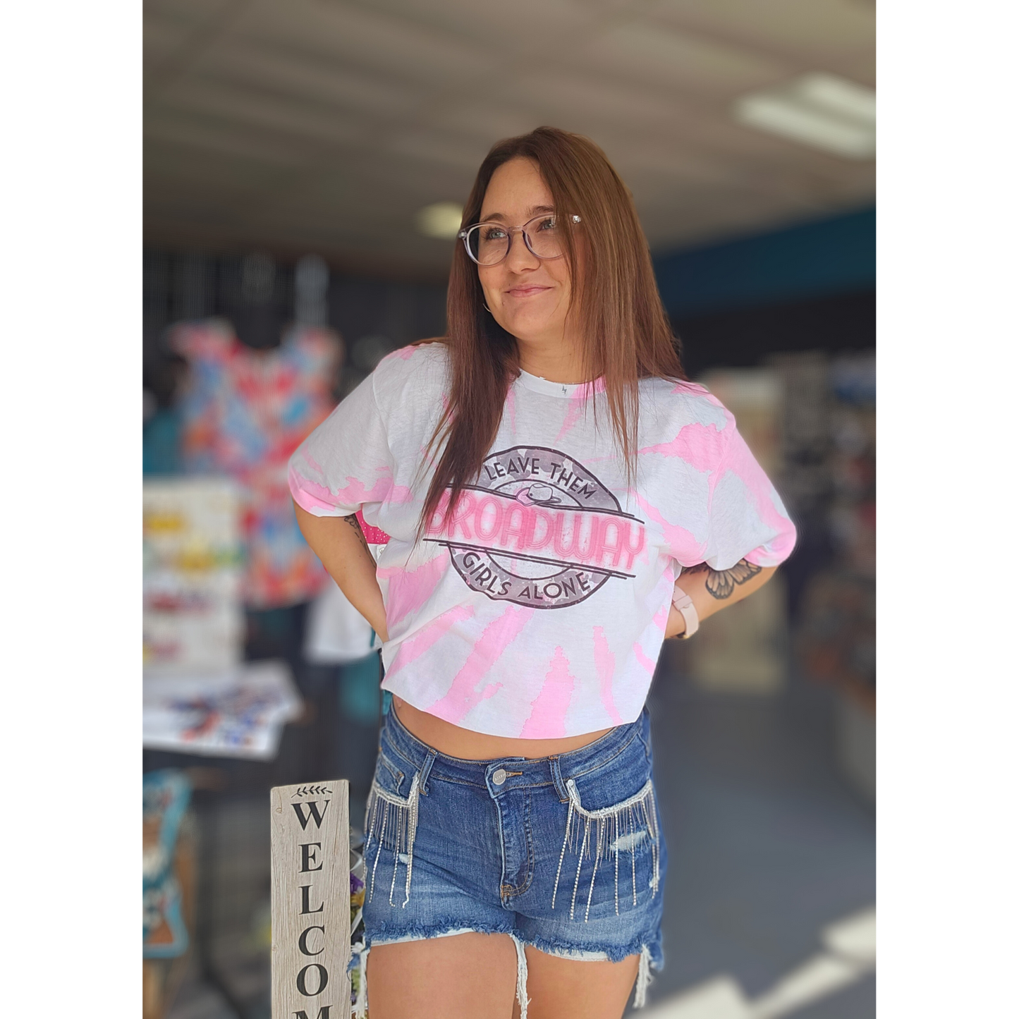 pink tie dye broadway girls graphic tee