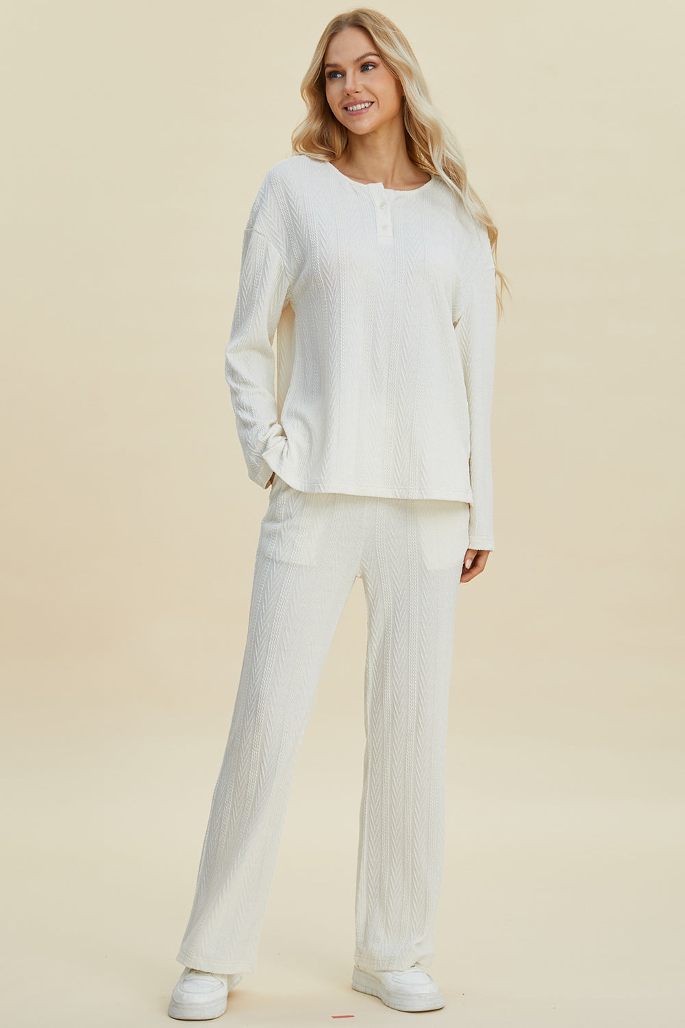 Double Take Cable-Knit Long Sleeve Top and Pants Set