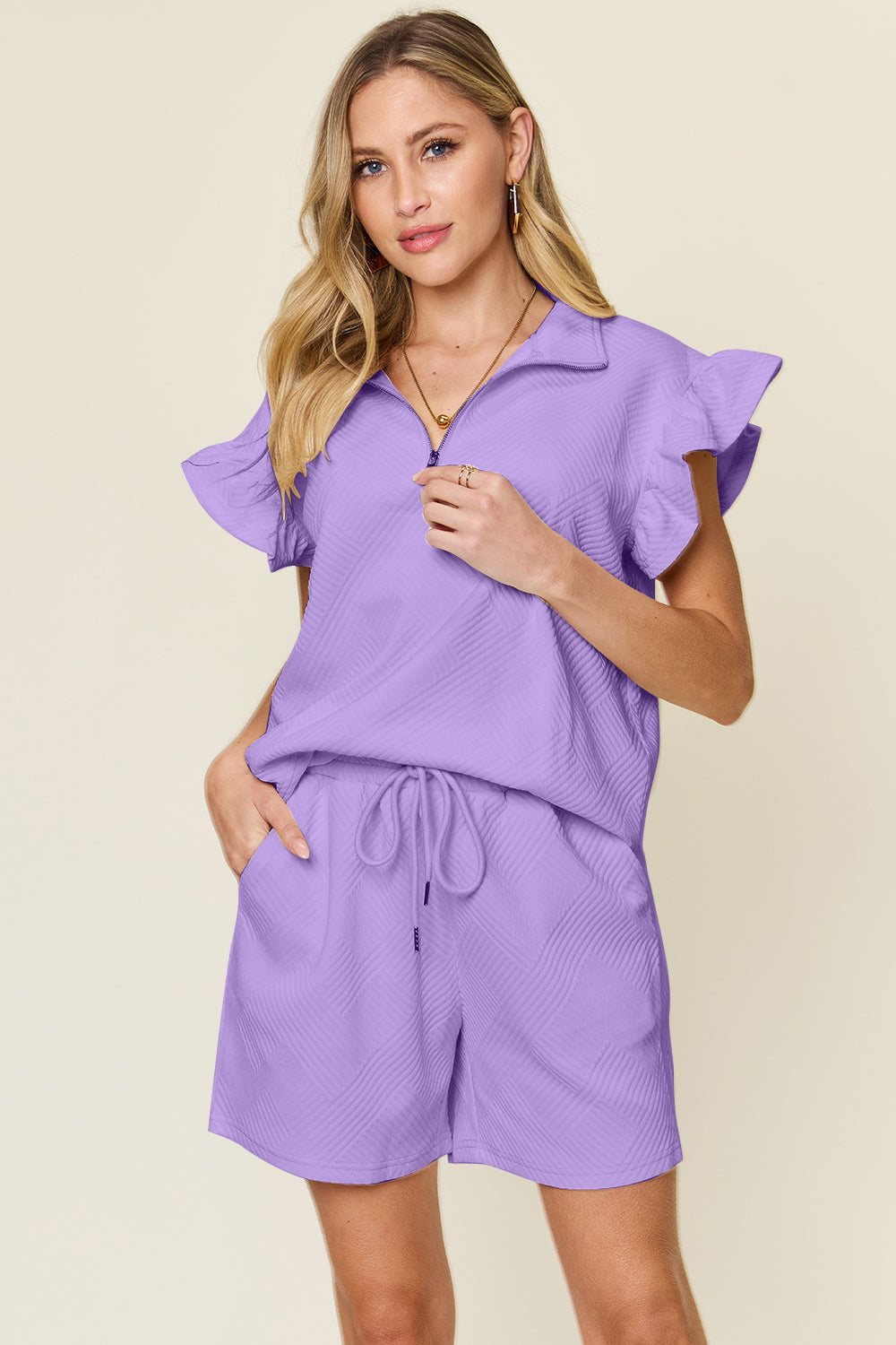 Double Take Texture Flounce Sleeve Top and Drawstring Shorts Set