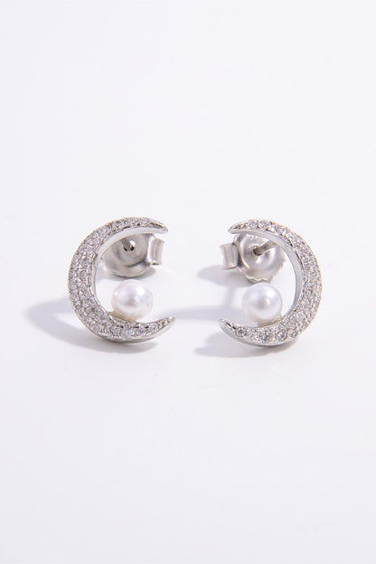 Crescent Moon & Pearl Stud Earrings