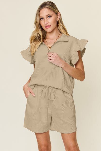 Double Take Texture Flounce Sleeve Top and Drawstring Shorts Set