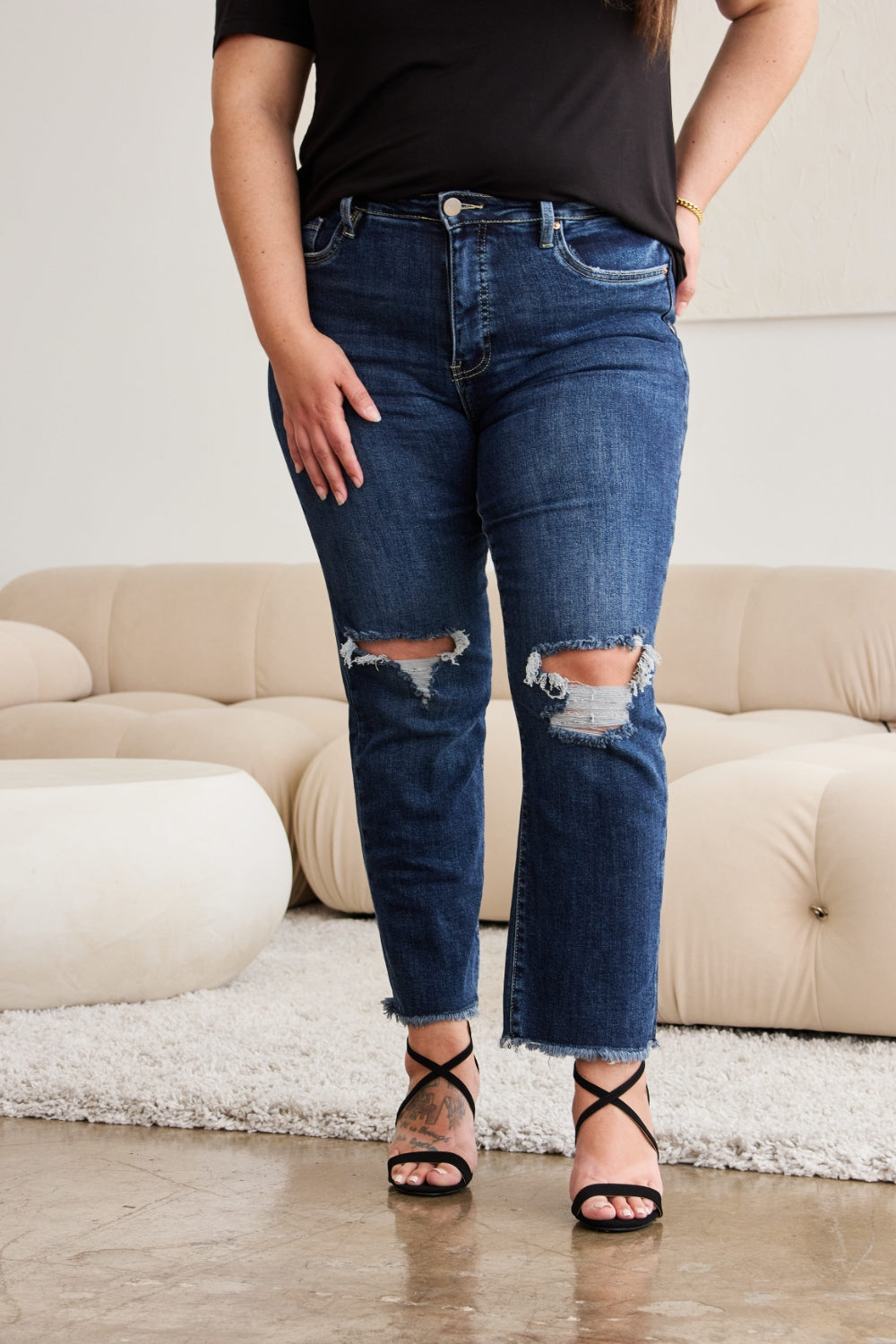 RFM Crop Dylan Tummy Control Distressed High Waist Raw Hem Jeans