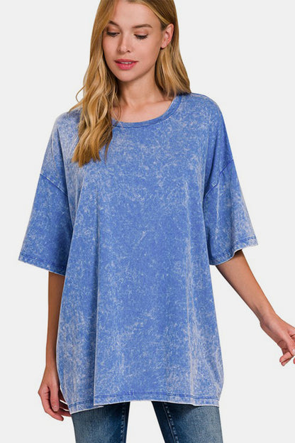 Zenana Full Size Washed Round Neck Drop Shoulder Oversized T-Shirt