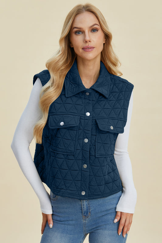 Double Take Pocketed Texture Snap Down Vest Coat