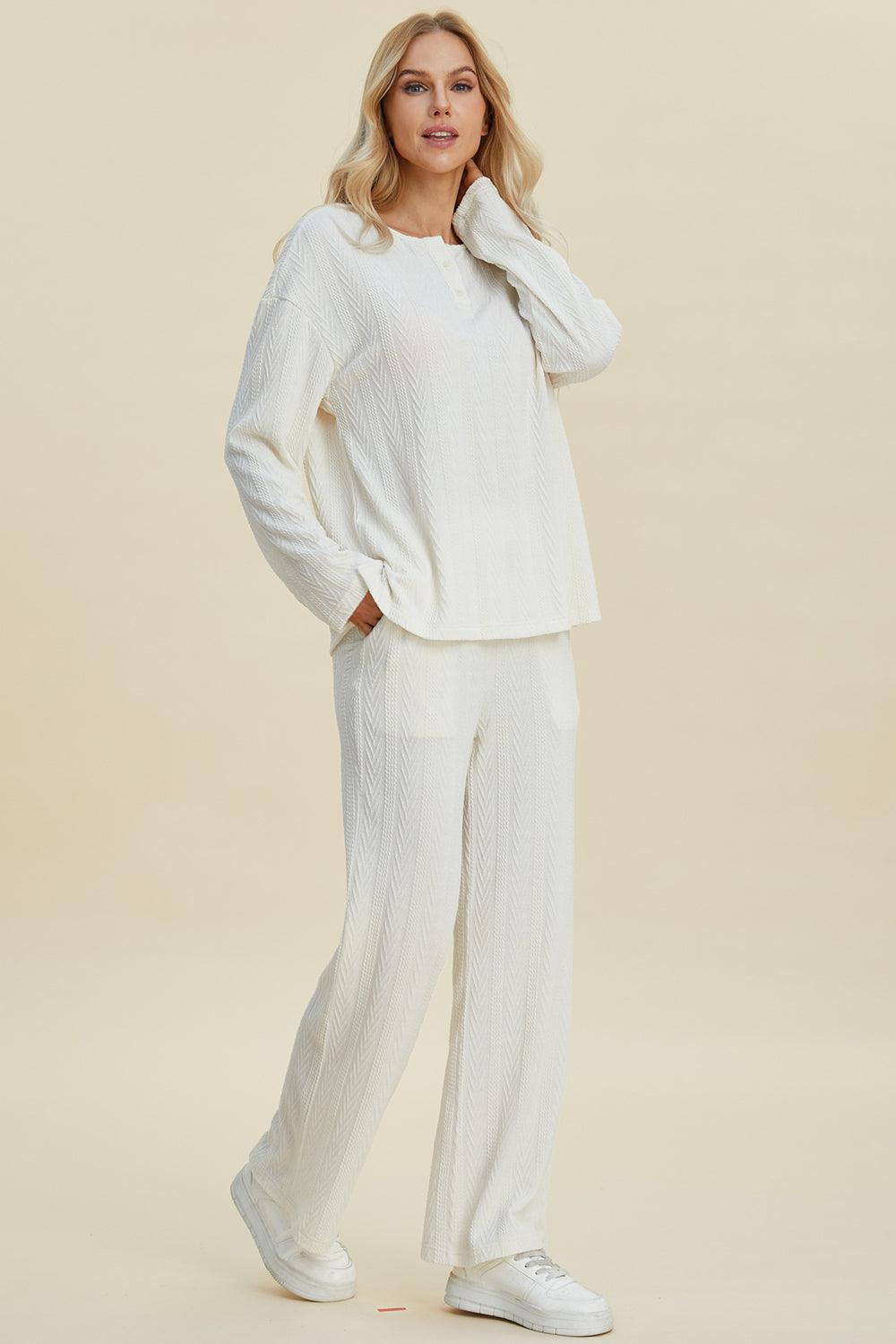 Double Take Cable-Knit Long Sleeve Top and Pants Set