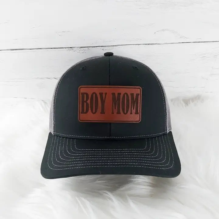 BOY MOM Faux Leather Hat Patch