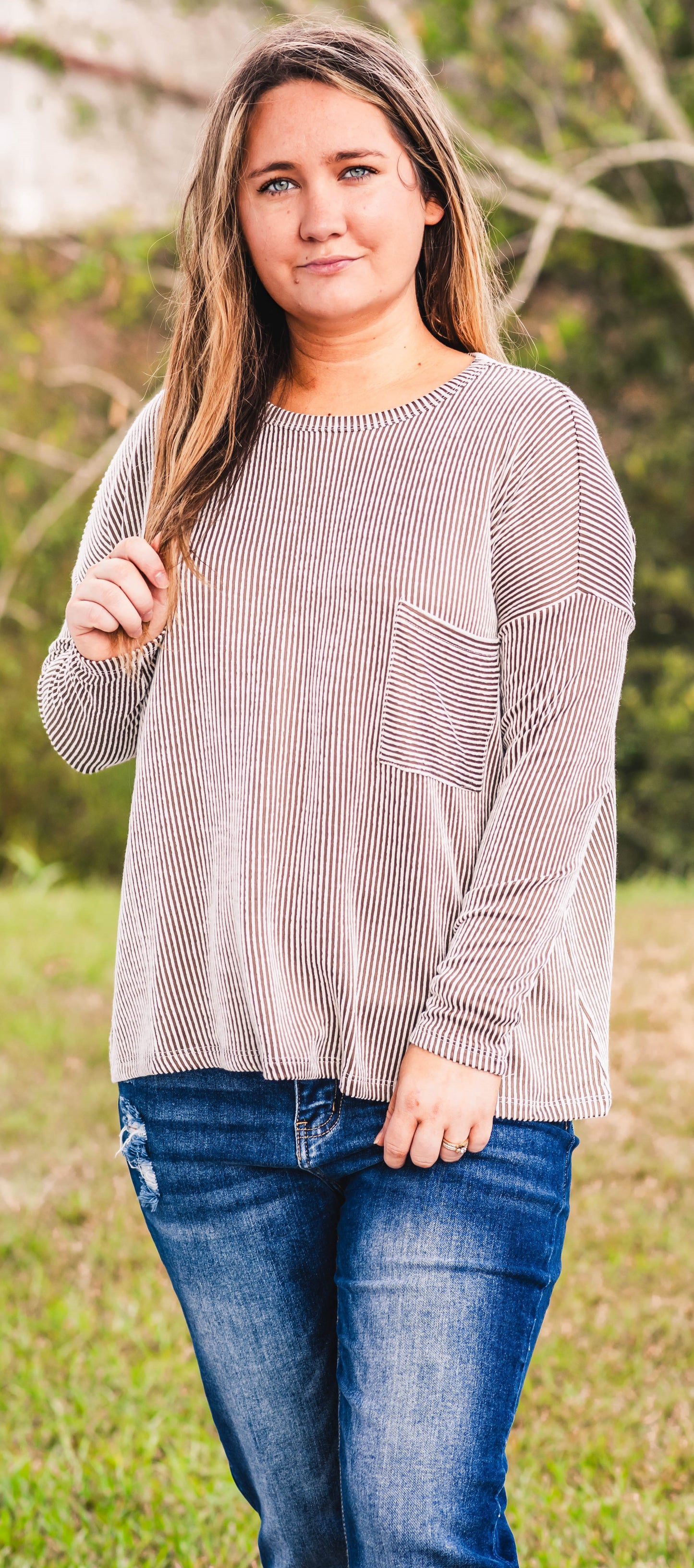 Ribbed Striped Oversized Long Sleeve Top | Mocha