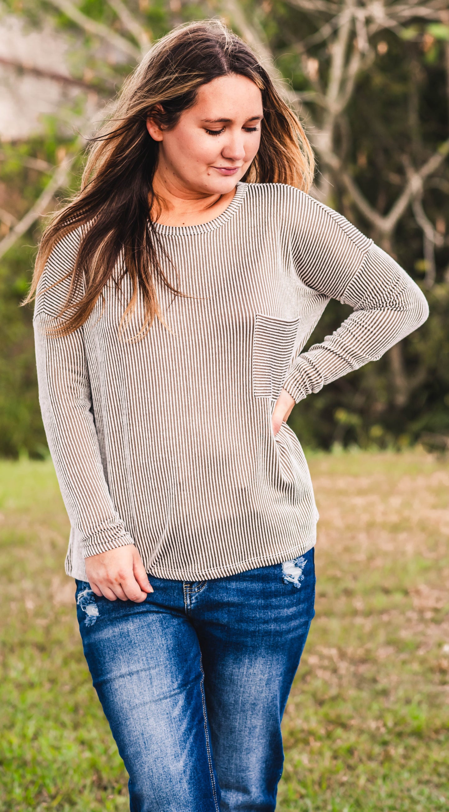 Ribbed Striped Oversized Long Sleeve Top | Mocha