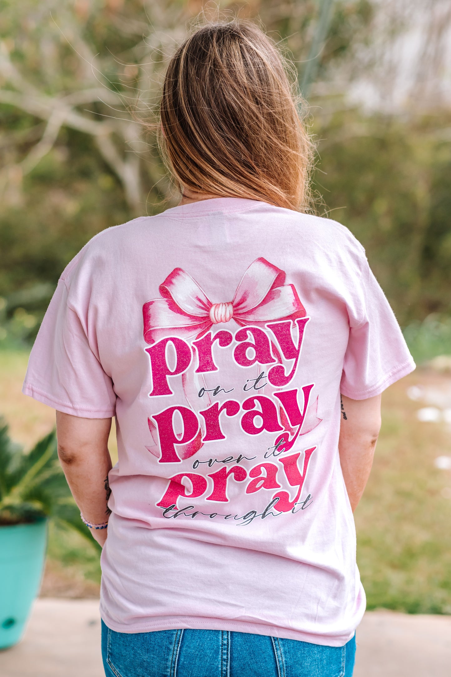 Pray On It Pink Bow Tee