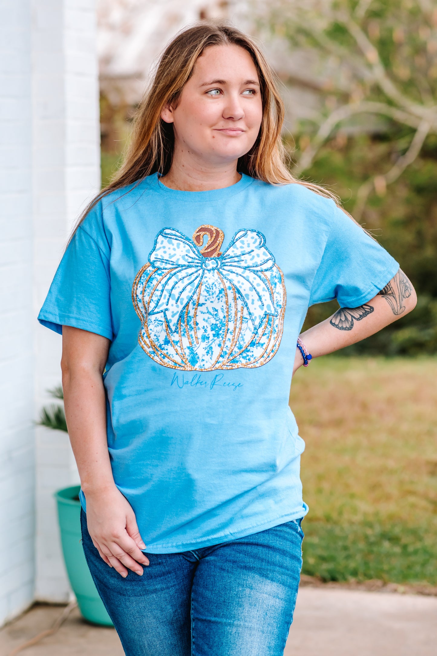 Blue Toile Glitter Pumpkin Tee