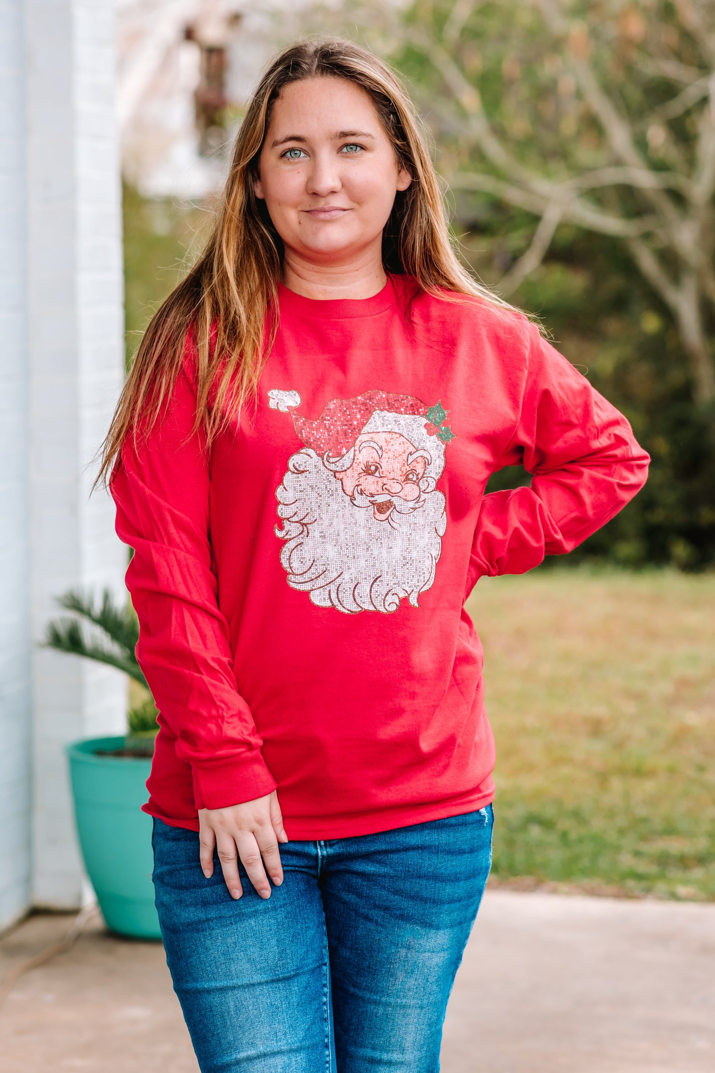 Red Vintage Faux Glitter Santa Tee