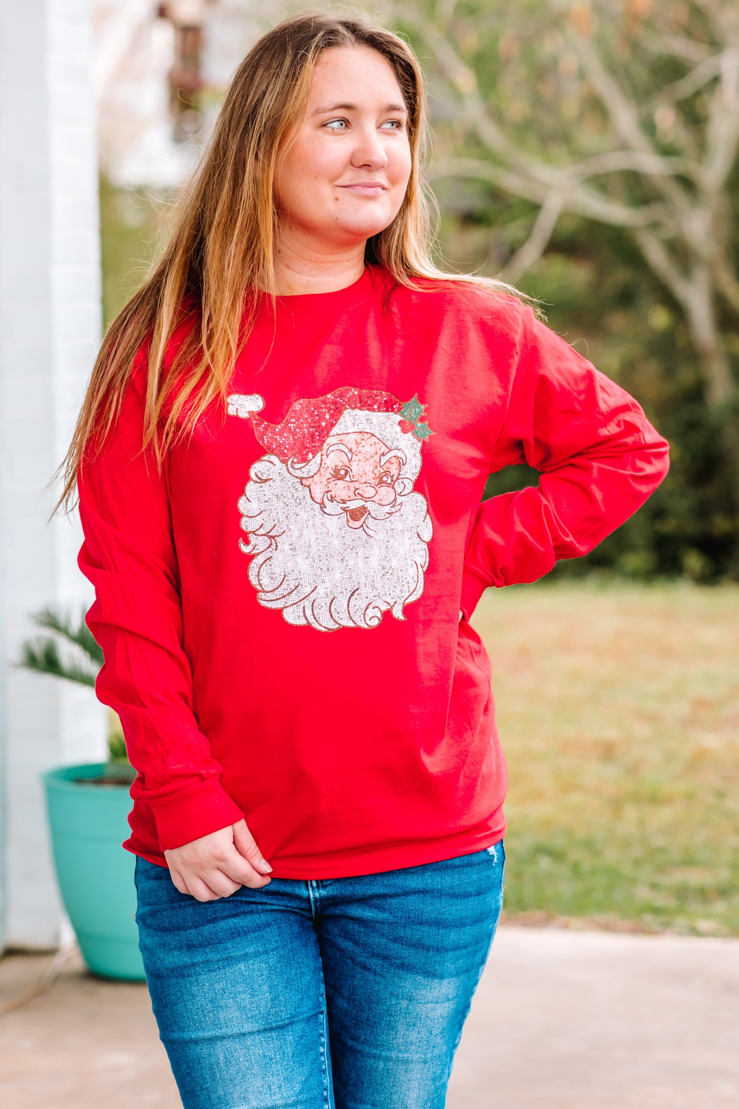 Red Vintage Faux Glitter Santa Tee