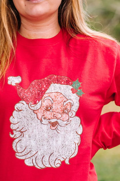 Red Vintage Faux Glitter Santa Tee