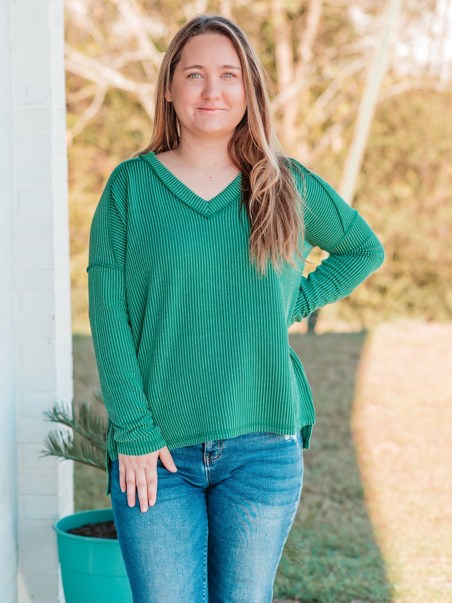 Corded Ribbed Long Sleeve Top | Forest