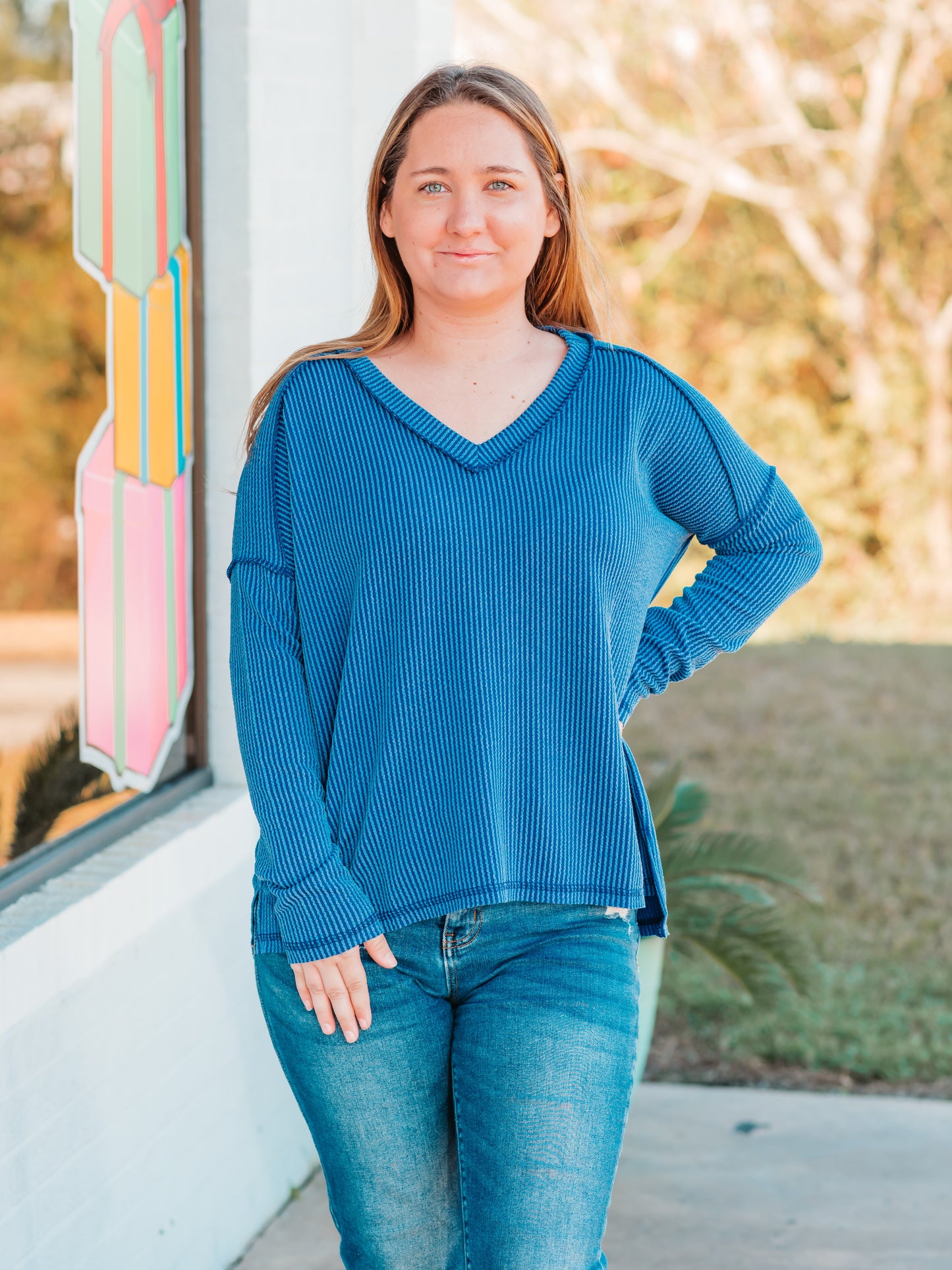 Corded Ribbed Long Sleeve Top | Blue