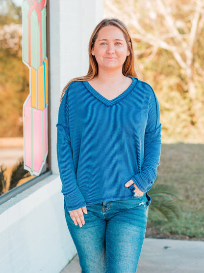 Corded Ribbed Long Sleeve Top | Blue