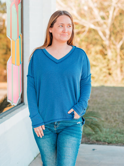 Corded Ribbed Long Sleeve Top | Blue