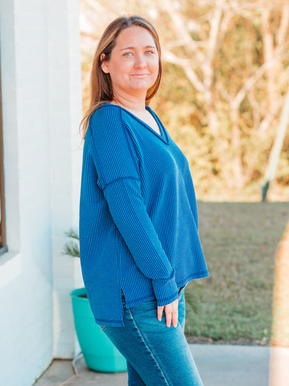 Corded Ribbed Long Sleeve Top | Blue