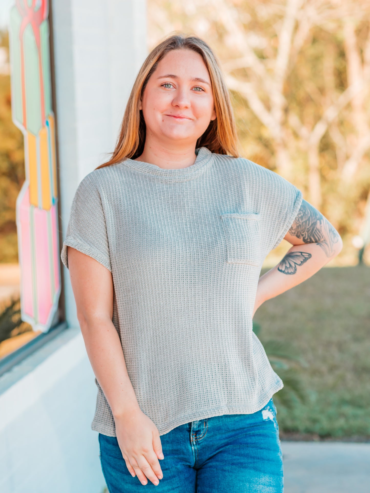 Chenille Waffle Sweater Top | Grey