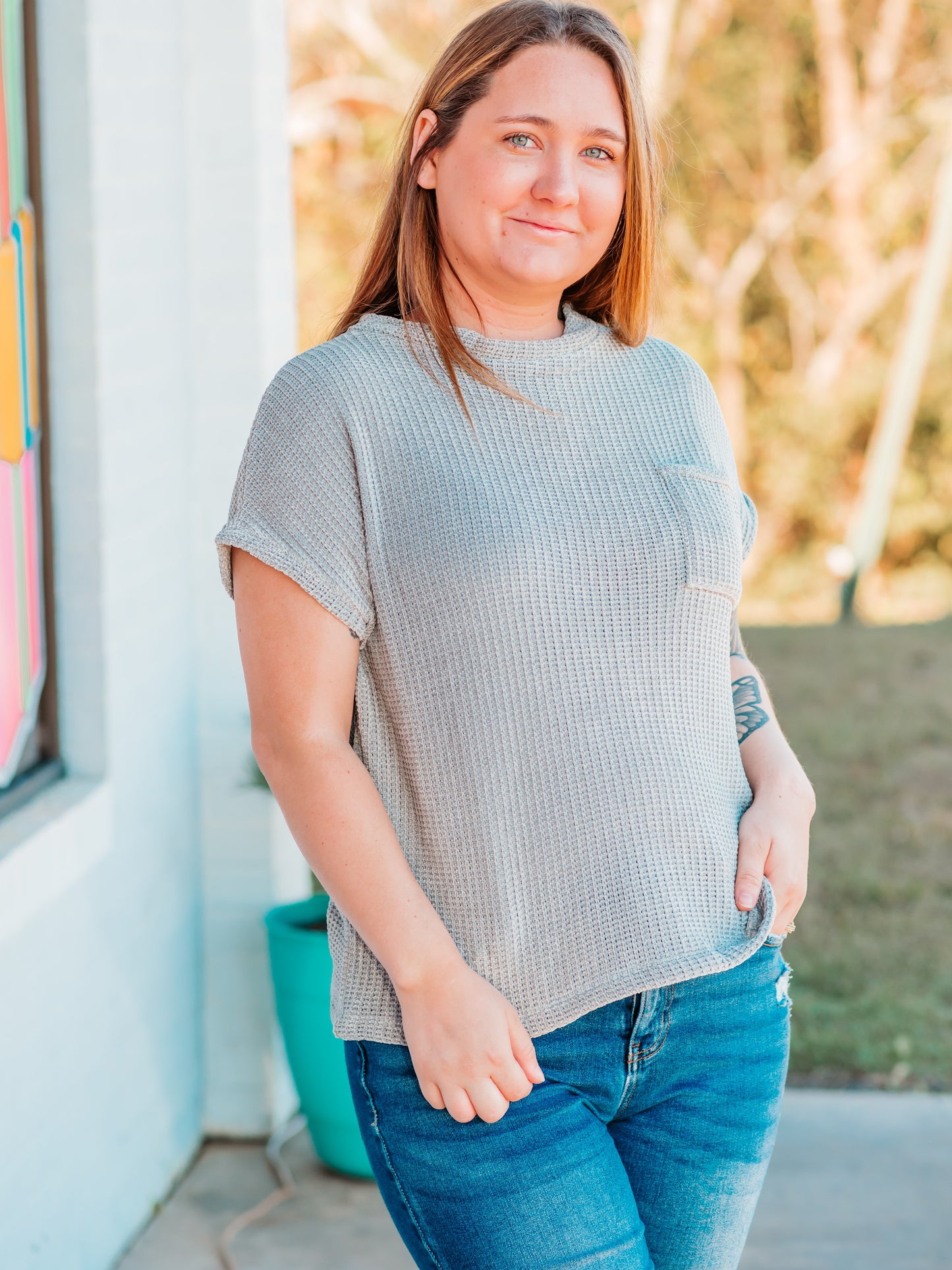 Chenille Waffle Sweater Top | Grey