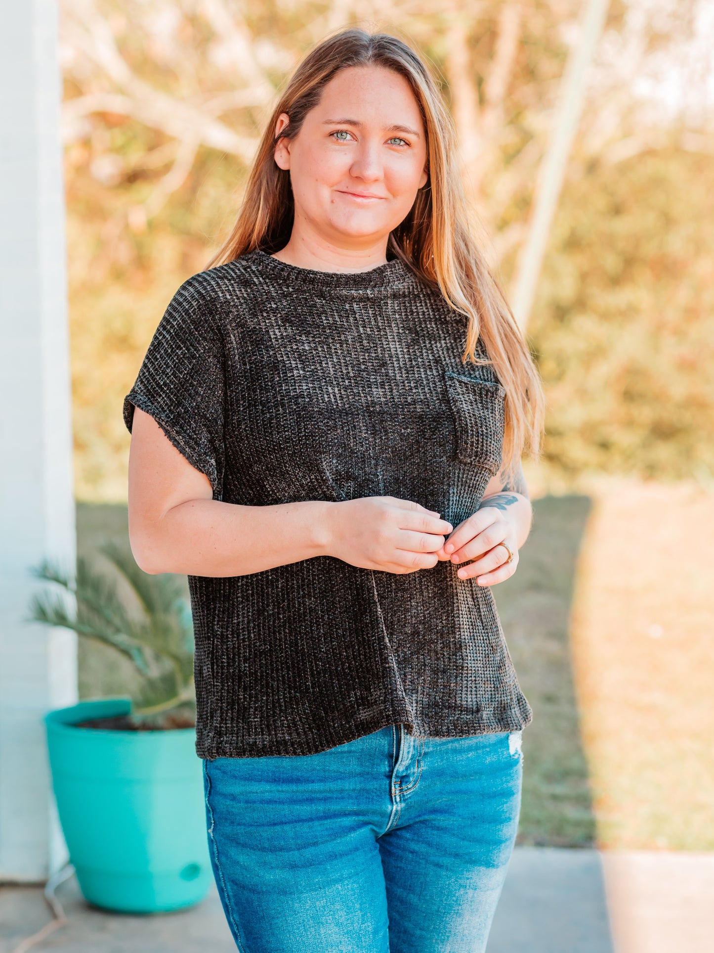 Chenille Waffle Sweater Top | Black