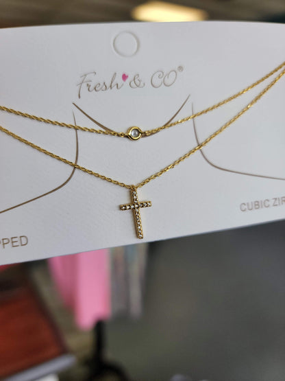 Layered Rhinestone Cross Pendant Necklace | Gold