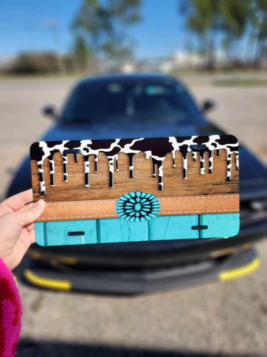 Turquoise & Cow Print Car Tag