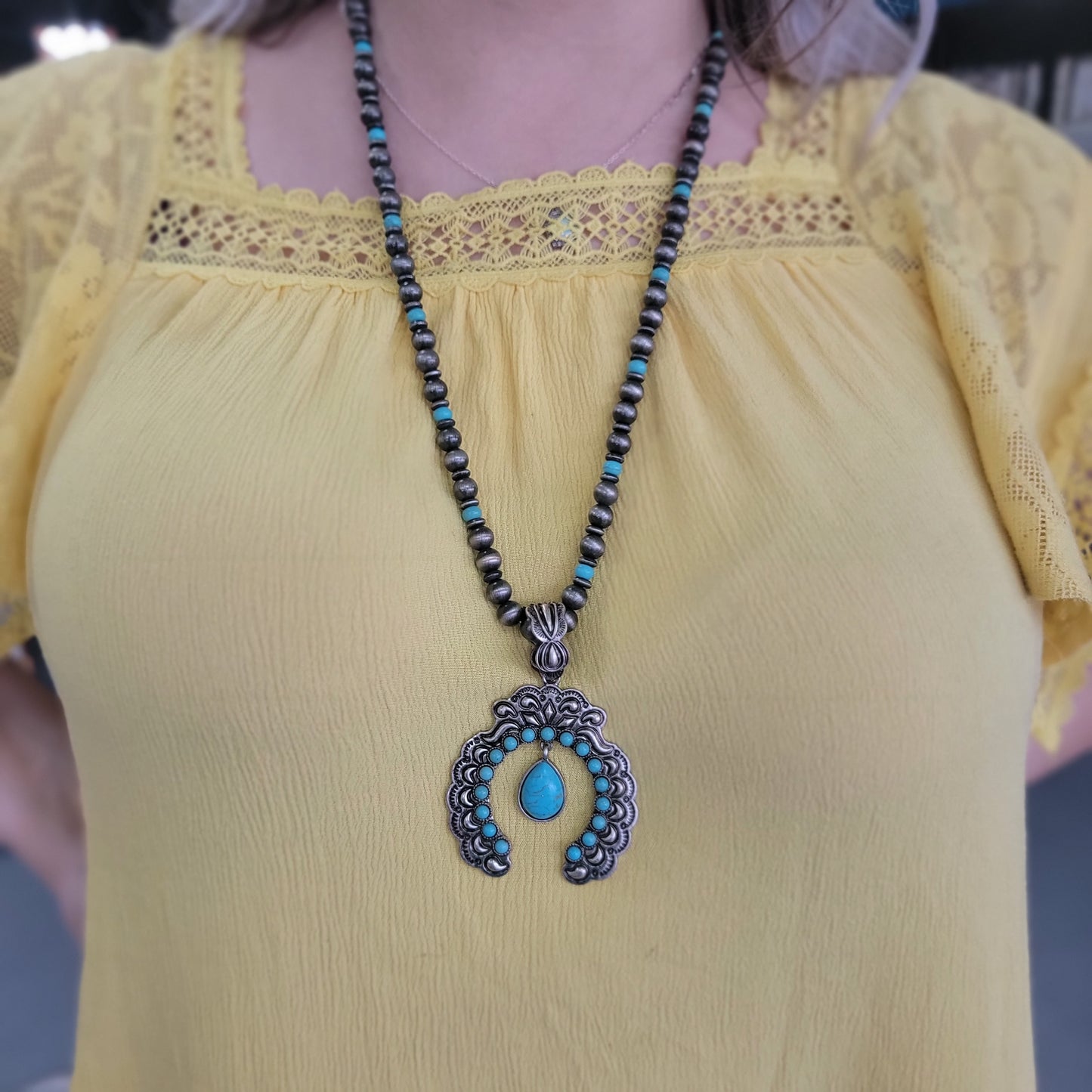 Western Turquoise Stone Squash Blossom Navajo Necklace