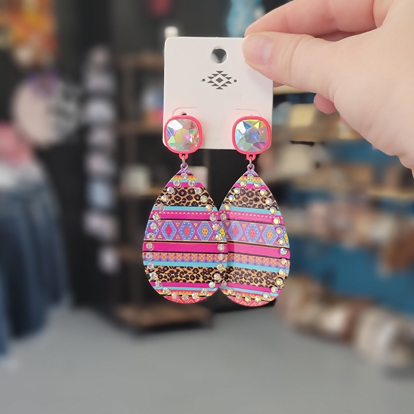 Aztec Print Tear Drop Glass Ab Stone Earrings