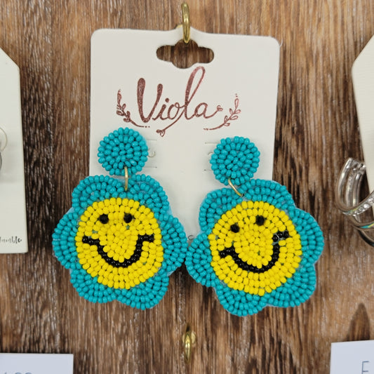 Smiley Face Flower Seed Bead Dangle Earrings