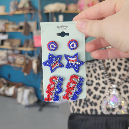 Patriotic USA 3pc Multi Pack Seed Bead Dangle Earrings