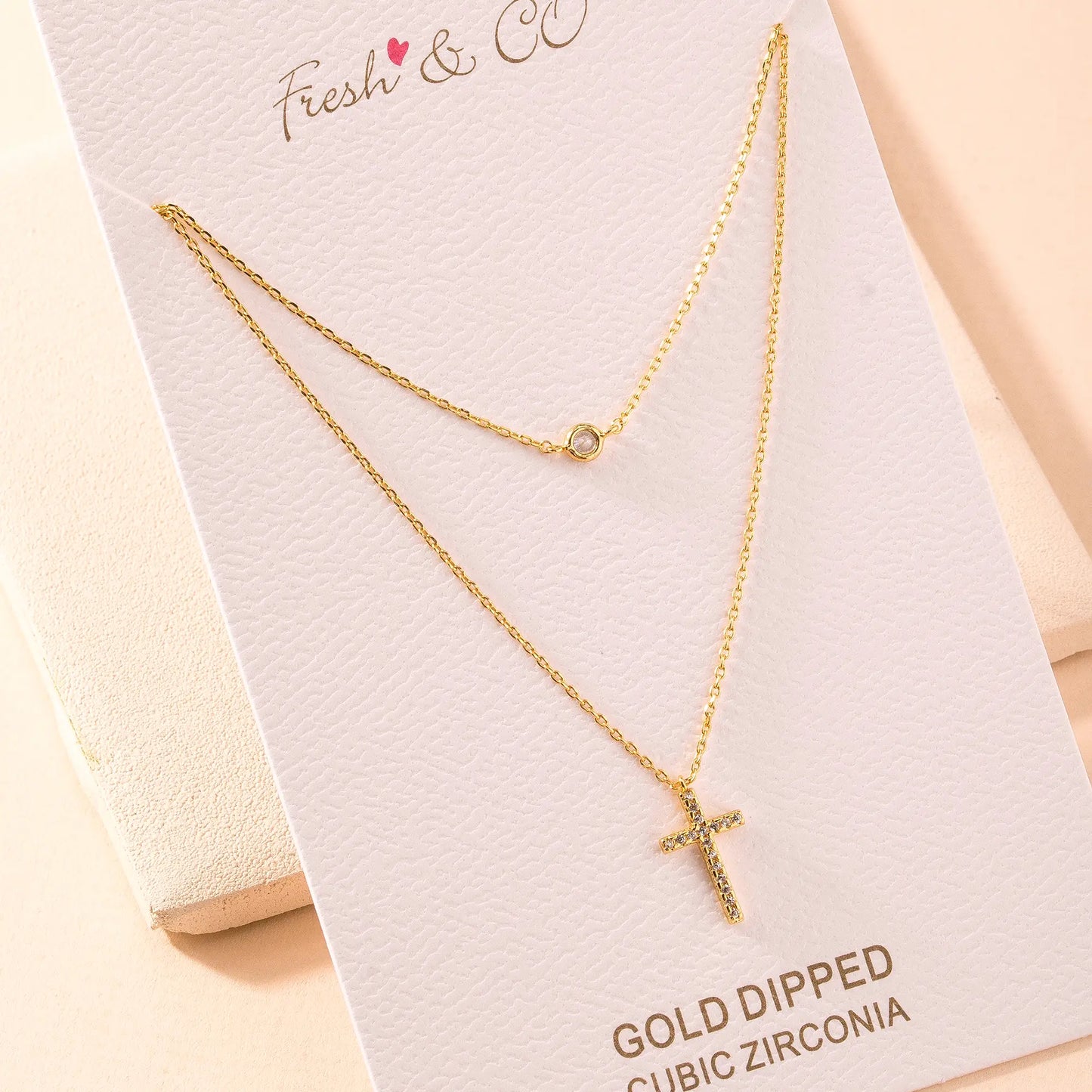 Layered Rhinestone Cross Pendant Necklace | Gold